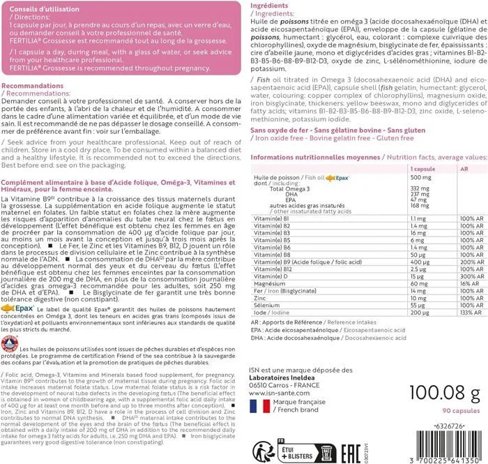 ISN - Fertilia Grossesse - Complément alimentaire pour le bien-être de la femme enceinte & le développement de bébé - Cure 3 mois-1