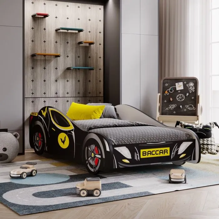 Lit Complet Enfant Lit voiture de course pour enfants - BATCAR - 80 x 160 cm - Noir - Avec Sommier et Matelas-0