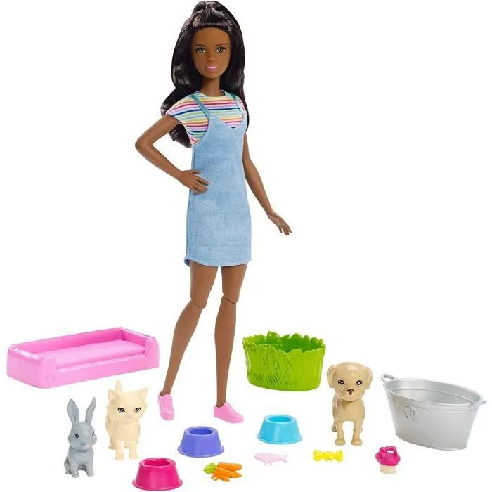 Playset Bain de Bébé - Mattel - FXH12 - Poupée Barbie Noire - 3 Animaux Inclus - 3 Ans+-0