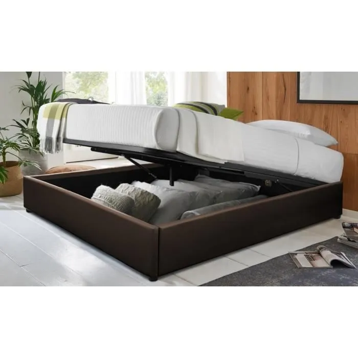 Lit Coffre Vegas 160x200 Sampur | Chocolat | Simili Cuir | Sommier à Lattes Flexibles Inclus | Rangement XXL | Pratique et Robuste-0