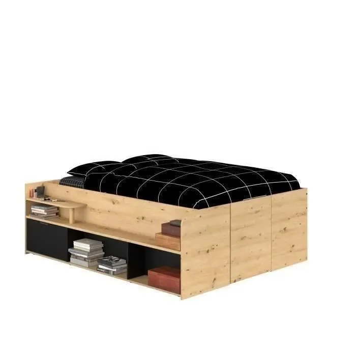 ODYSSEE Lit coffre adulte - 140x190/200 cm - Avec coffre relevable - Décor chêne et noir - 166,2 x 66,5 x 205,8 cm-6
