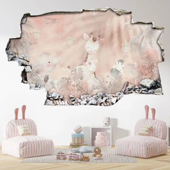 Stickers Trompe l'oeil trou dans le mur - Animaux Bébés 3617689721484 - Hauteur 50 x Largeur 80 cm-0