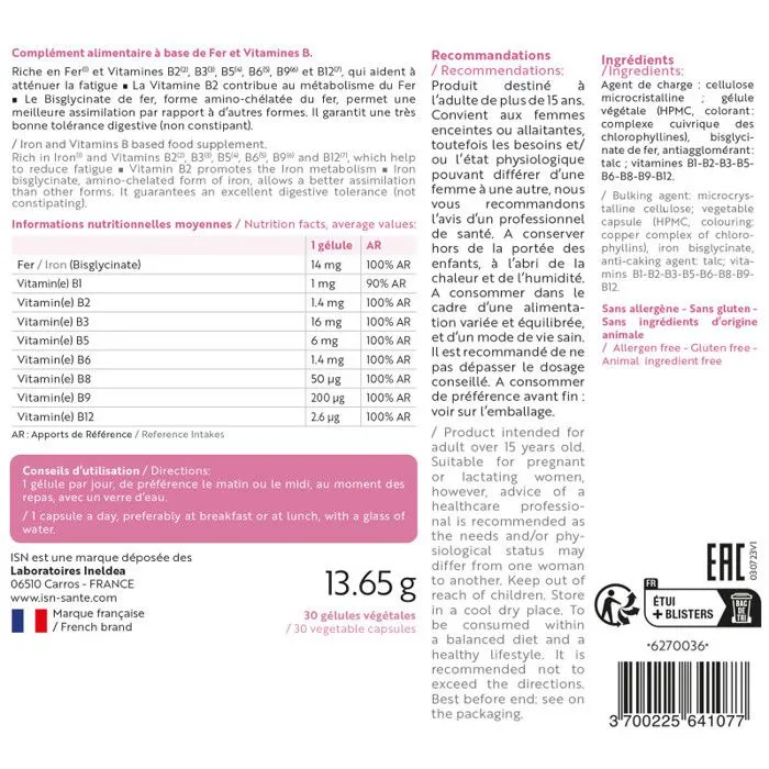 ISN - SUPLEFER - Supplémentation en fer & vitamines B - Cure 30j - 30 gélules végétales-1