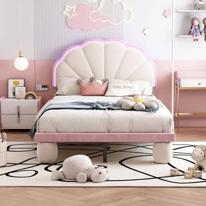 Lit enfant 90x200cm, lit rembourré avec LED, tête de lit en forme de coquille, sommier à lattes, tissu en velours, beige + rose-0