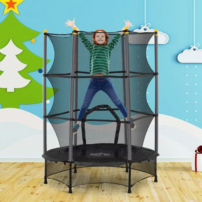 Trampoline Enfant HOMCOM Ø 1,40 × 1,90H m Filet de sécurité Porte zipée Couvre-Ressorts 6 poteaux rembourrés Inclus Noir-2