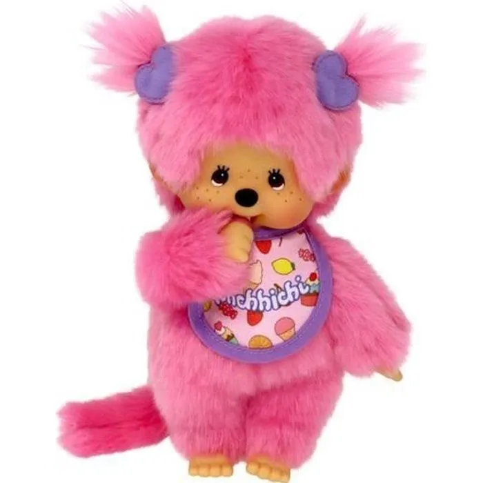 Peluche Monchhichi Frozen Fruit 20 cm - BANDAI - Fourrure rose - Bavoir gourmand - Cadeau enfant-0