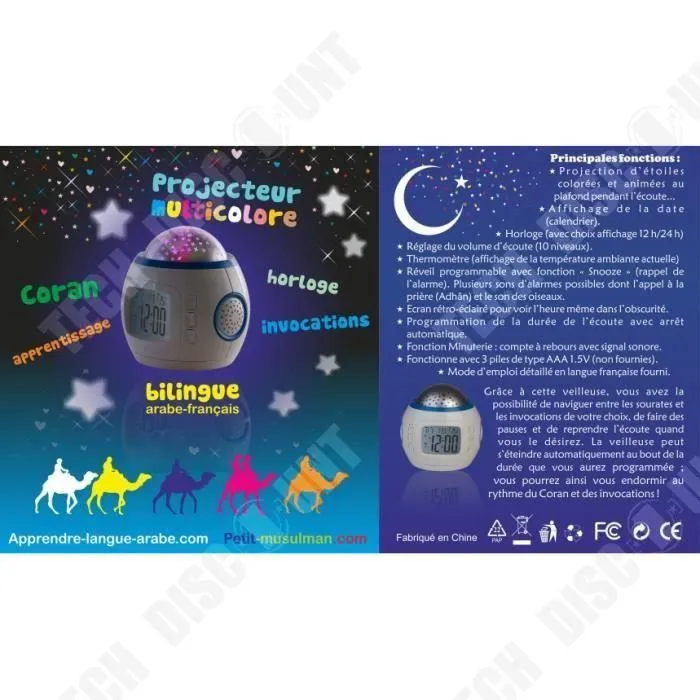 réveil lumineux enfant à pile fille veilleuse led projection plafond étoile date heure température changement de couleur musique-2