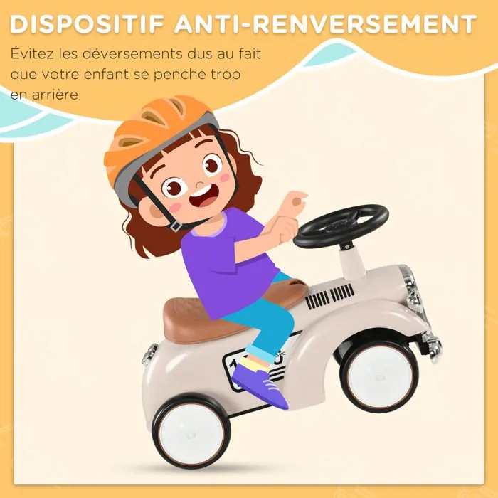 Porteur enfant voiture de collection rétro coffre butée arrière anti-basculement klaxon beige-4