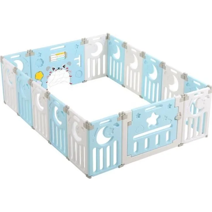 Parc Bébé en Plastique 14 + 2 Panneaux d’Activité et Porte Barrière Sécurité Enfant Pliable - bleu-0