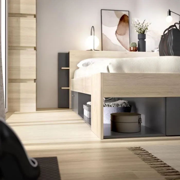 SAX Lit adulte - 160x200 cm - 3 tiroirs + Tête de lit avec rangement - Décor chêne et anthracite-4
