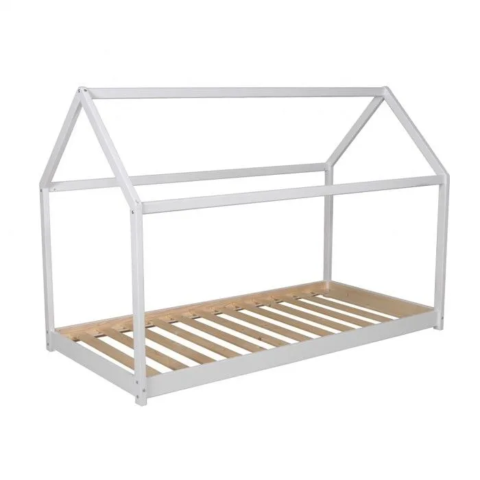 Lit cabane PANDA 90x190 + 1 sommier + matelas IRIS / Blanc-4