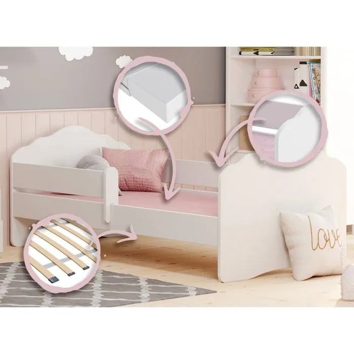 Lit Enfant Bébé pour une fille FALA avec sommier à lattes, avec matelas - 140 x 70 cm - Blanc-0