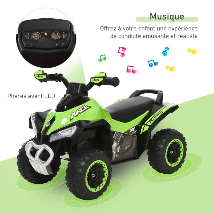 Porteur enfants quad 18-36 mois dim. 67L x 38l x 44H cm effets lumineux et sonores vert noir-4