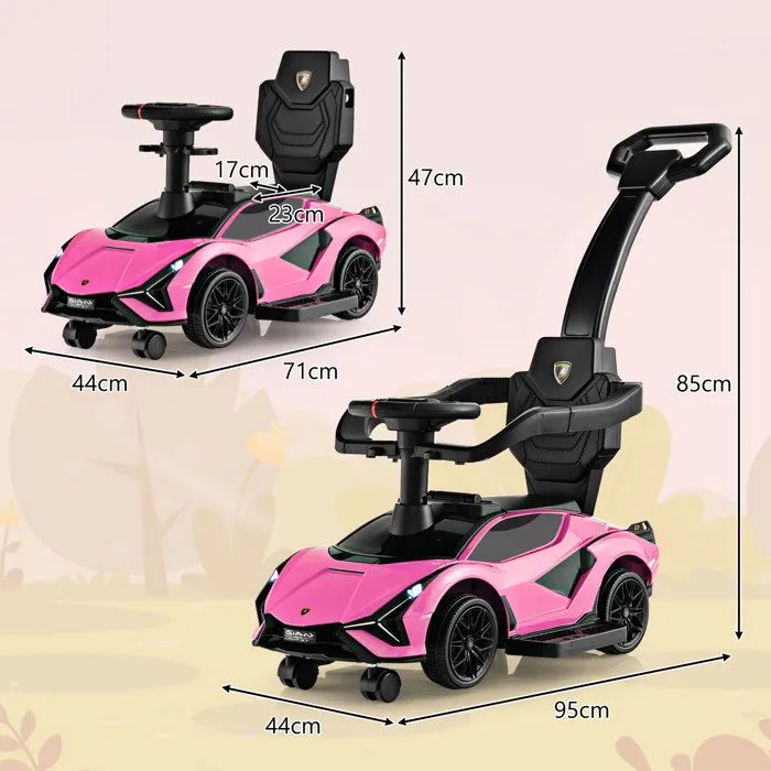 Lamborghini Voiture à Pousser 3 en 1 pour Enfants, Roues Universelles, Poignée Amovibles, Musique, Espace de Rangement, Rose-4