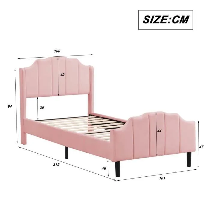 ModernLuxe Lit enfant 90x200cm - lit simple avec sommier à lattes - tissu en velours - rose-3