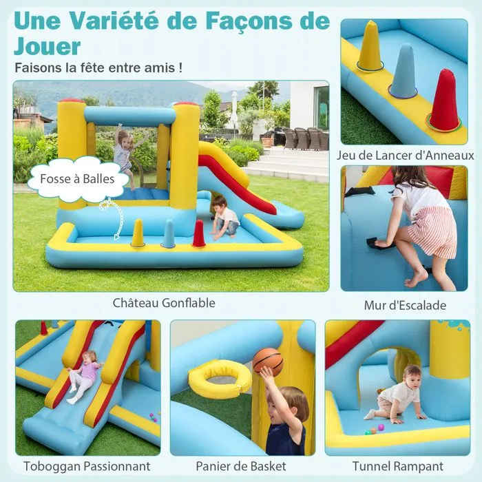 COSTWAY Château Gonflable 7 en 1 pour Enfants avec Toboggan, Tunnel, Panier de Basket, Jeu de Lancer d'Anneaux Souffleur Non Inclus-1