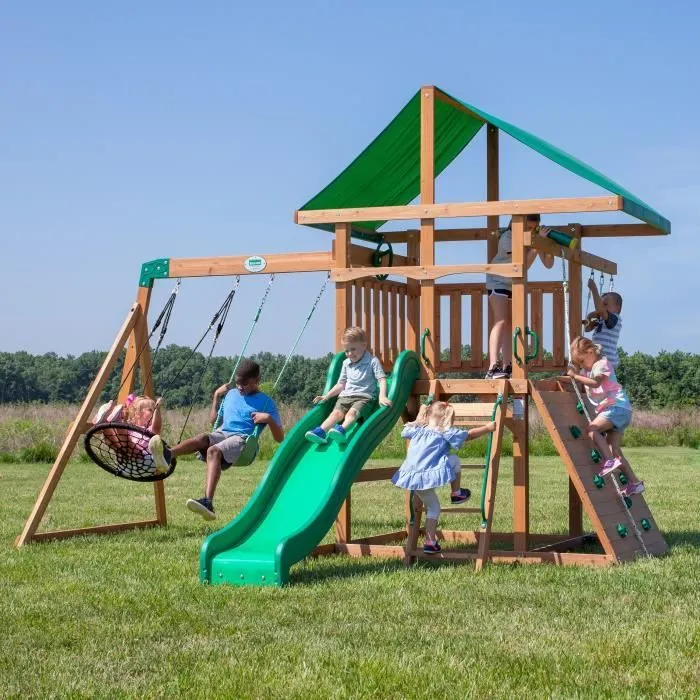 Backyard Discovery - Maisonnette en bois avec Balancoires, Toboggan, Mur d'Escalade-2