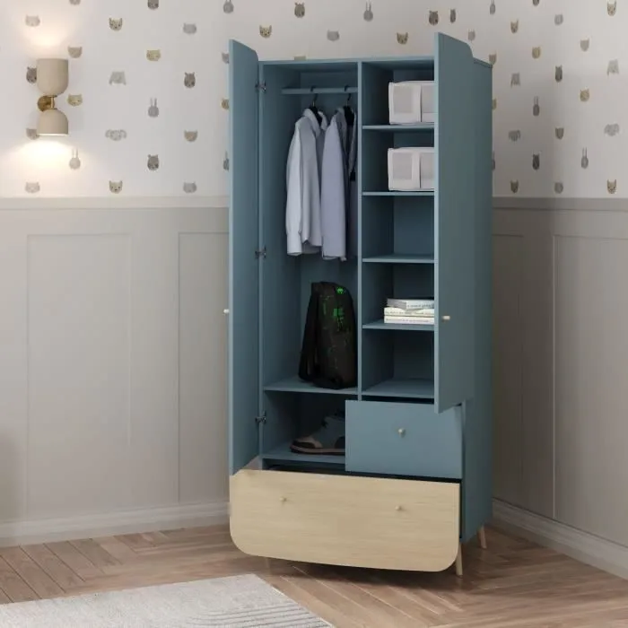 Ens. lit bébé 70 x 140 Kit évolutif, commode 2 tiroirs 3, niches et 1 plan à langer, 1 armoire - FIRMIANA - Bleu / bois - DEMEYERE-3