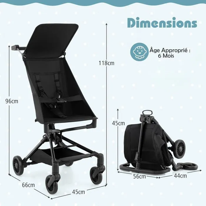 COSTWAY Poussette Portable Ultra-légère de 5,8 kg pour les Voyages avec Canopy Ajustable , Panier Inférieur & Roues en EVA-4