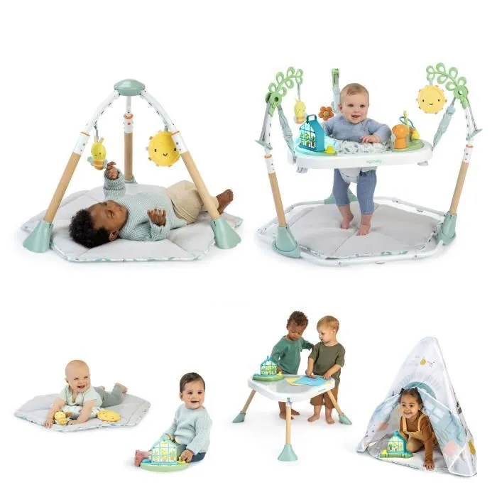 INGENUITY Aide jeux à rebonds bébé 6-en-1 évolutif : se tranforme en Tapis d'éveil, Tipi enfant, table d'activités, jouets amovibles-1