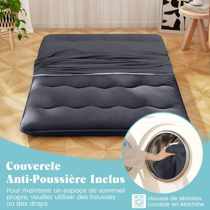 COSTWAY Matelas Futon 140 x 200 CM, Surmatelas Amovible Lavable, Matelas de Sol Portable avec Sac de Transport pour Camping, Noir-4