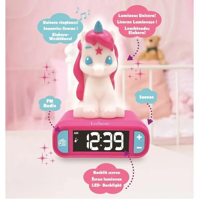 Réveil veilleuse digital LEXIBOOK - Licorne - 3D lumineux et sonore - Blanc et rose - Enfant-2