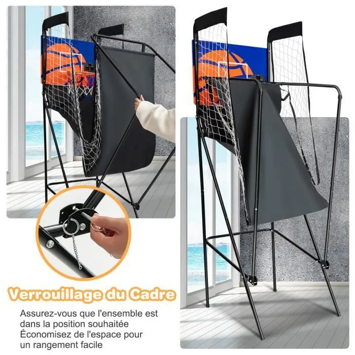 COSTWAY Jeu de Basketball Arcade Enfants Pliable avec Marqueur Electronique, Buzzer, 3 Ballons Pompe Diamètre du Panier 32 cm 8 Ans+-1