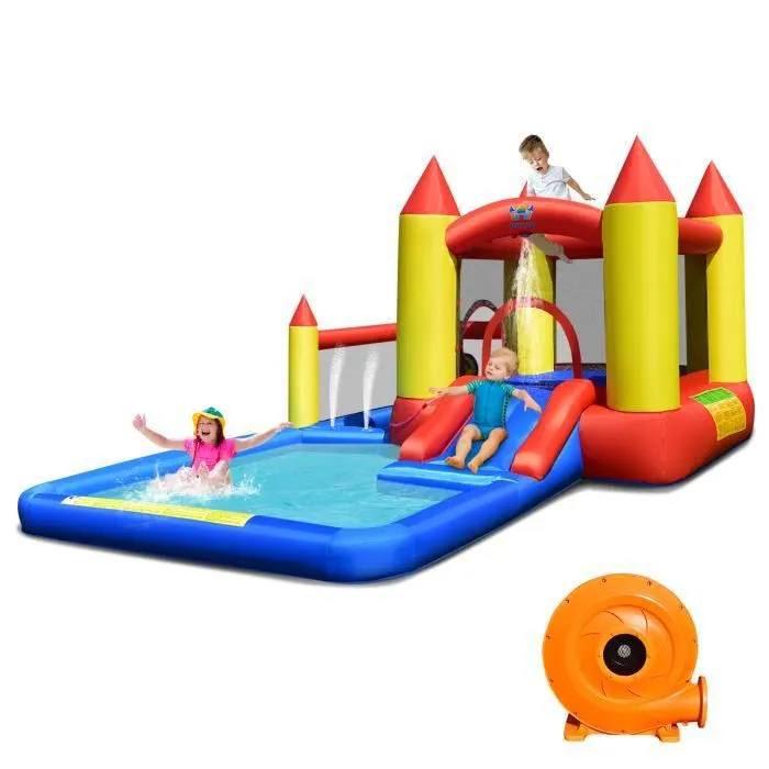 COSTWAY Toboggan Aquatique Gonflable Gonfleur 480W Zone de Saut,Pataugeoire,Piscine à Balles,Panier de Basket-ball,Jeu de Lancer-0