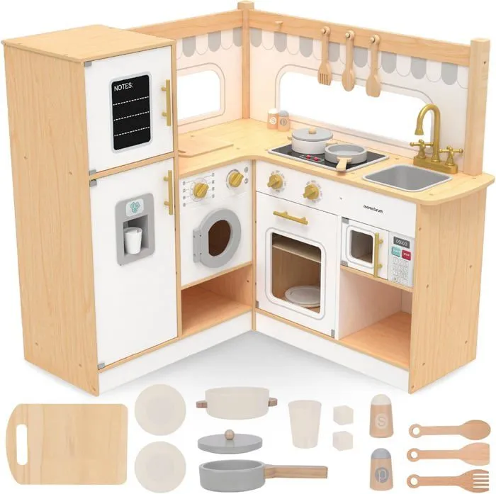 Cuisine Enfant en Bois Mamabrum, Interactive Grande Cuisinière L avec Accessoires, Réfrigérateur, Micro-ondes, Four, Lave-linge-0