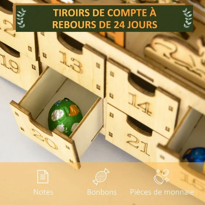 Calendrier de l'Avent LED - 10 lumières blanc chaud - 24 tiroirs - décoration lumineuse de Noël - MDF bois naturel-5