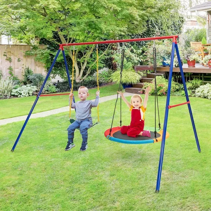 COSTWAY Portique de Balançoire pour 2 Enfants en Métal Structure en A Charge 250KG 260 x 183 x 183 cm 2 Façons de Suspendre-5
