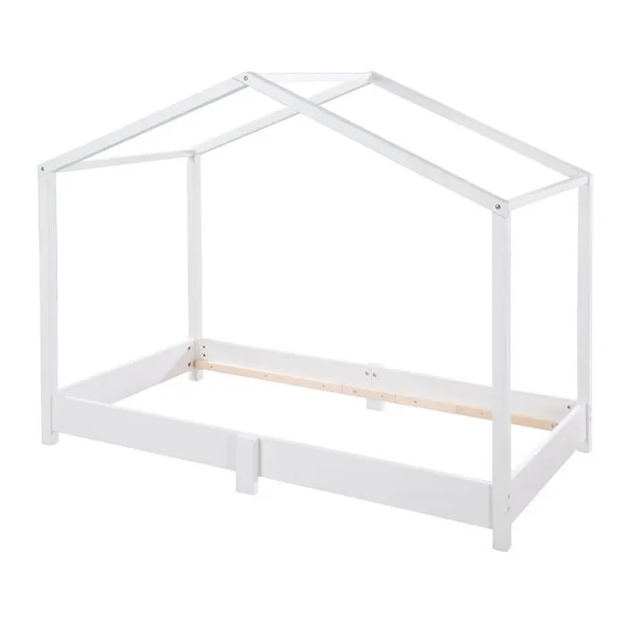 Cadre de Lit Cabane au Sol 70 x 140 cm - ROBA - Lit Montessori - Blanc-0