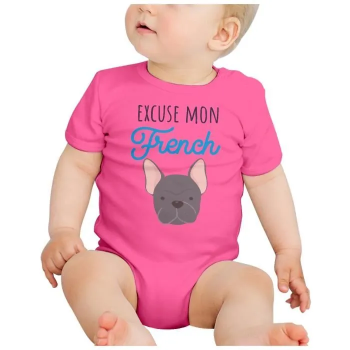 Body Bébé Manche Courte Rose Excuse mon french Chien Bulldog Français-1