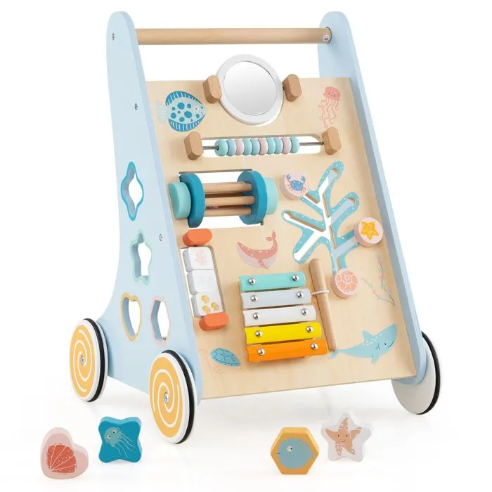 COSTWAY Trotteur Chariot de Marche sur Thème Océan 8 en 1 avec Miroir & Perles & Tambour, Roues, 1an+, Jouet Montessori, Bleu-0