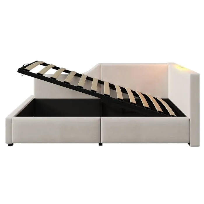 Lit coffre - Velours - 90x190cm - Beige - Avec liseuse - Ports USB-C - Sommier à lattes-2