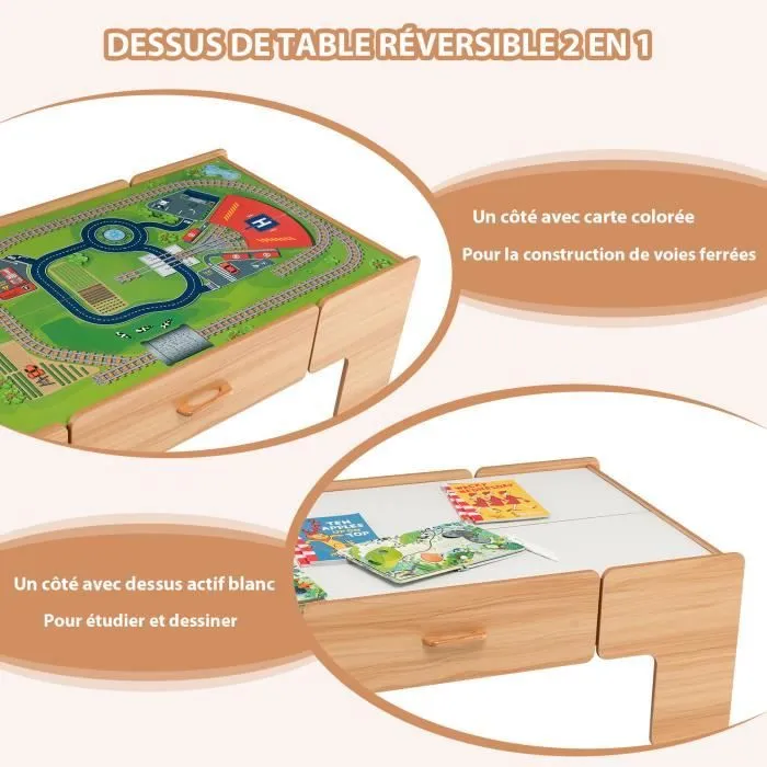 COSTWAY Ensemble Table de Circuit Voiture et Train pour Enfant -100 Accessoires avec Table Réversible d’Activité et Tiroir 3 Ans +-3