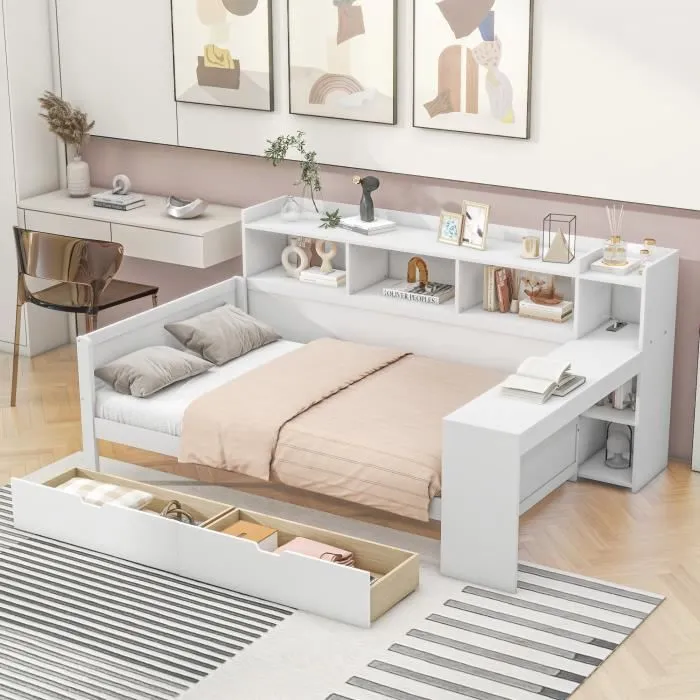 Canapé-lit - Canapé-lit méridienne - 90x200 cm - 2 tiroirs - Bureau avec port USB - Blanc-2