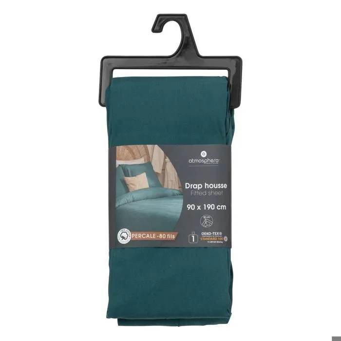 Drap-housse - percale - bleu - 90x190 cm - Bleu égéen - Atmosphera createur d'interieur-1