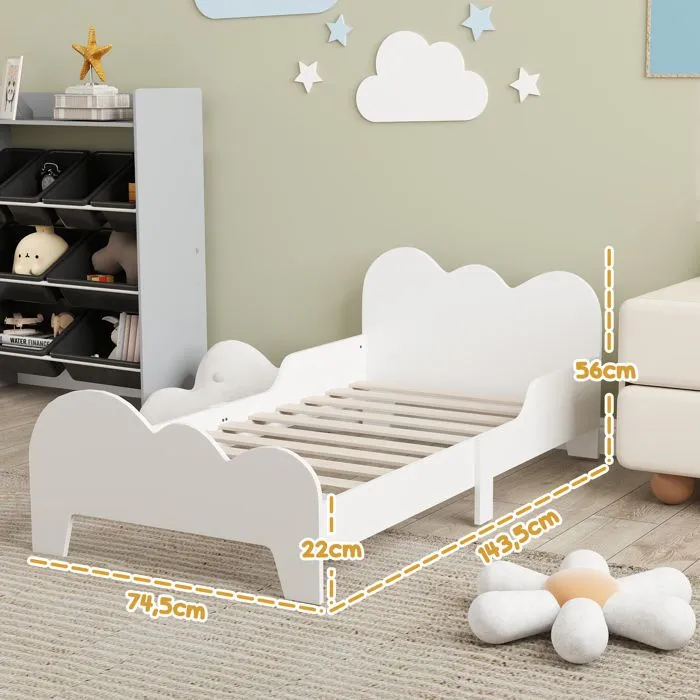 Lit pour enfant - AIYAPLAY - 3 à 8 ans - barrière de sécurité, sommier à lattes inclus - 143,5 x 74,5 x 56 cm - blanc-3
