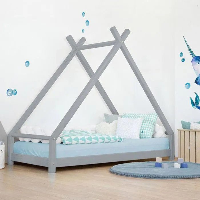 Lit Tipi enfant TAHUKA - bois massif - gris - 90 x 200 cm - Benlemi - Lit enfant - A lattes - Sommier inclus-0