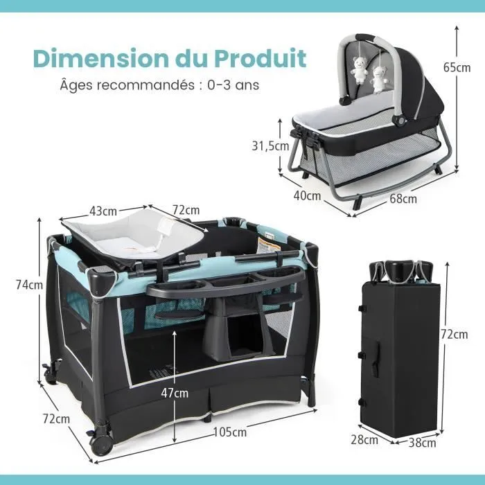 COSTWAY Lit Parapluie Bébé avec Matelas 6 en 1,Barre Détachable avec Auvent Réglable,2 Jouets Musical et Sac Transport 0-3 Ans Vert-3