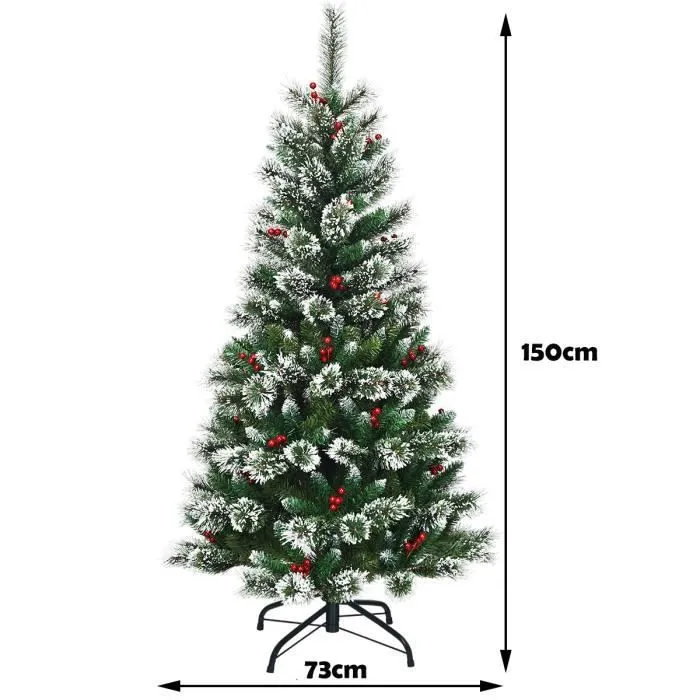 COSTWAY Sapin de Noël Artificiel 150cm avec Flocons de Neige Baies Rouges Dense Base en Métal PVC Design Dense Décoration de Fête-3