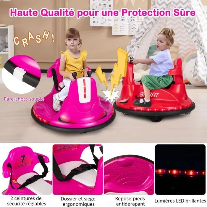COSTWAY Auto Tamponneuse Electrique 360° 6V pour Enfants - Télécommande 2.4G - Contours Anti-Chocs, 2 Moteur 3-8 Ans Rose-1