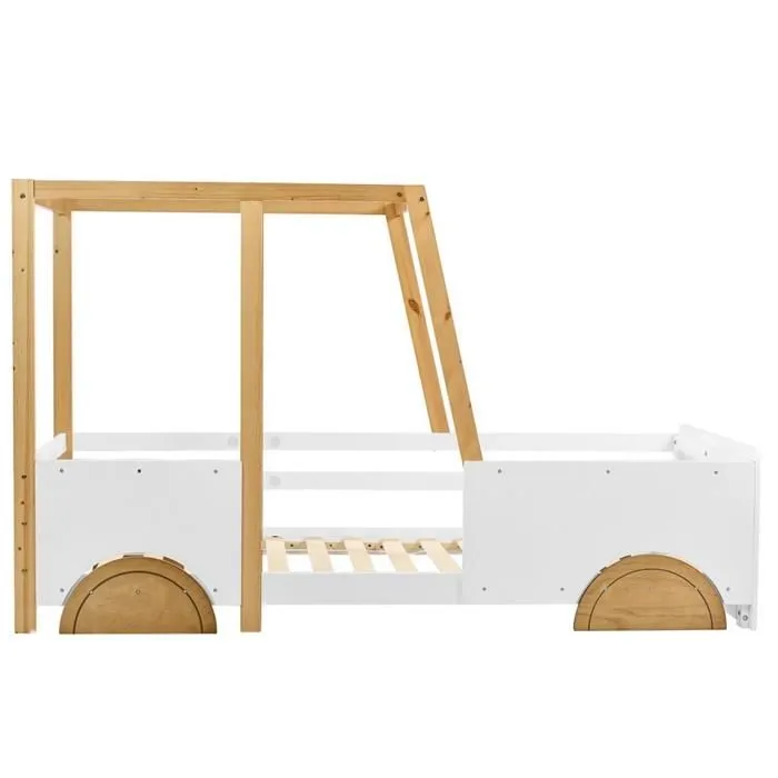 Lit d'enfant, lit voiture avec roues en MDF, cadre en pin, blanc + naturel, 90x200 cm-2