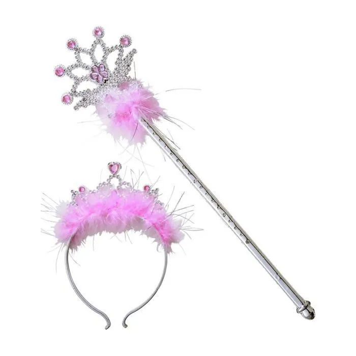 Set Princesse - Tiare et Baguette pierres et plumes - Rose - Enfant - Fille-1
