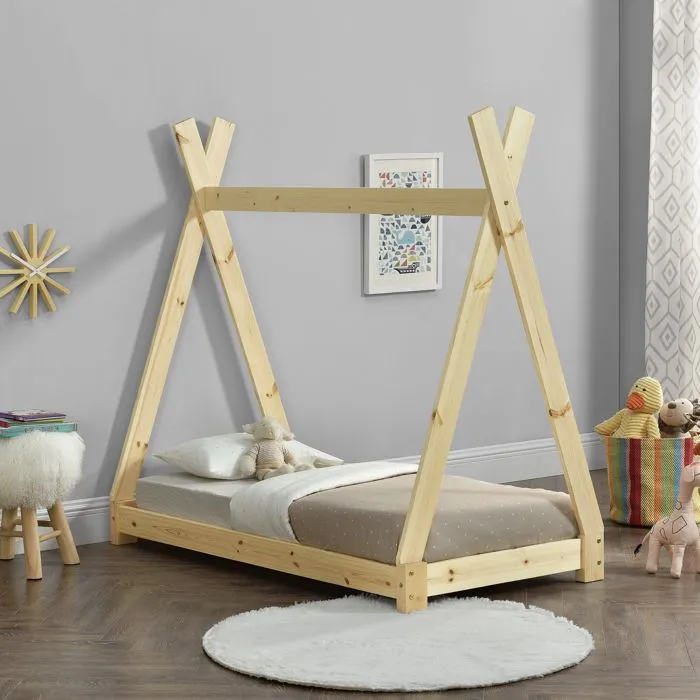 Lit de Tipi pour Enfant Onejda Bois Naturel 140 x 70 cm [en.casa]-1