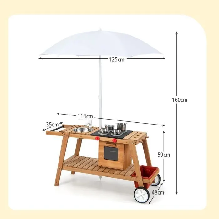 COSTWAY Marchande Enfant avec Accessoires- Voiture Restaurant avec Parasol pour Vendeurs Ambulants Bois 114 x 48 x 66 CM (L x l x H)-3