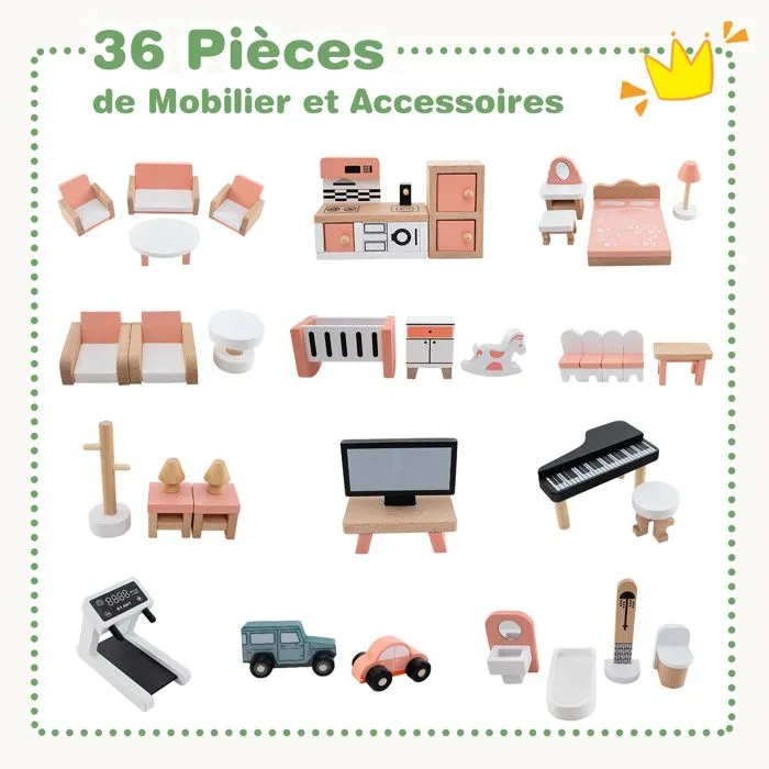 COSTWAY Maison de Poupée d'Angle en Bois pour Enfants 3 Ans+, 3 Étages 6 Chambres avec 35 Accessoires, 87 x 37 x 83 cm, Vert-5