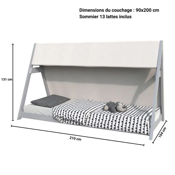 Lit cabane Tipi 90x200 cm avec sommier et toile - WEBER INDUSTRIES - Enfant - Gris-3