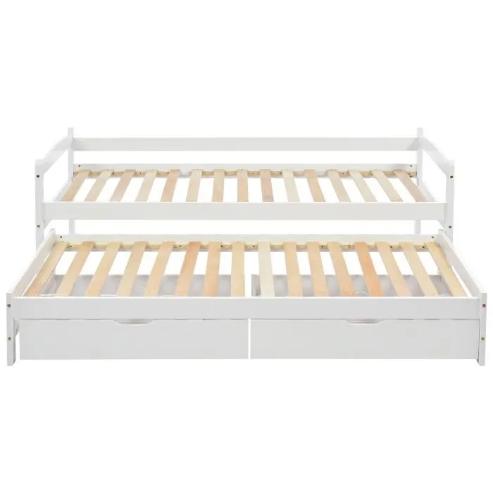Lit gigogne avec rangement 2 places, Lit enfant avec roulettes, avec 2 tiroirs en MDF, Cadre en bois massif, Blanc,200x90cm-190x90cm-2